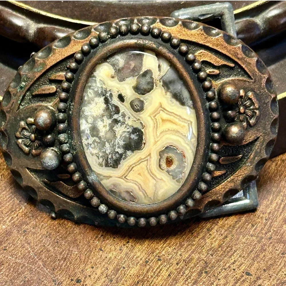Vintage Western Belt Buckle OS Copper Agate Floral Hammered Boho 1970s